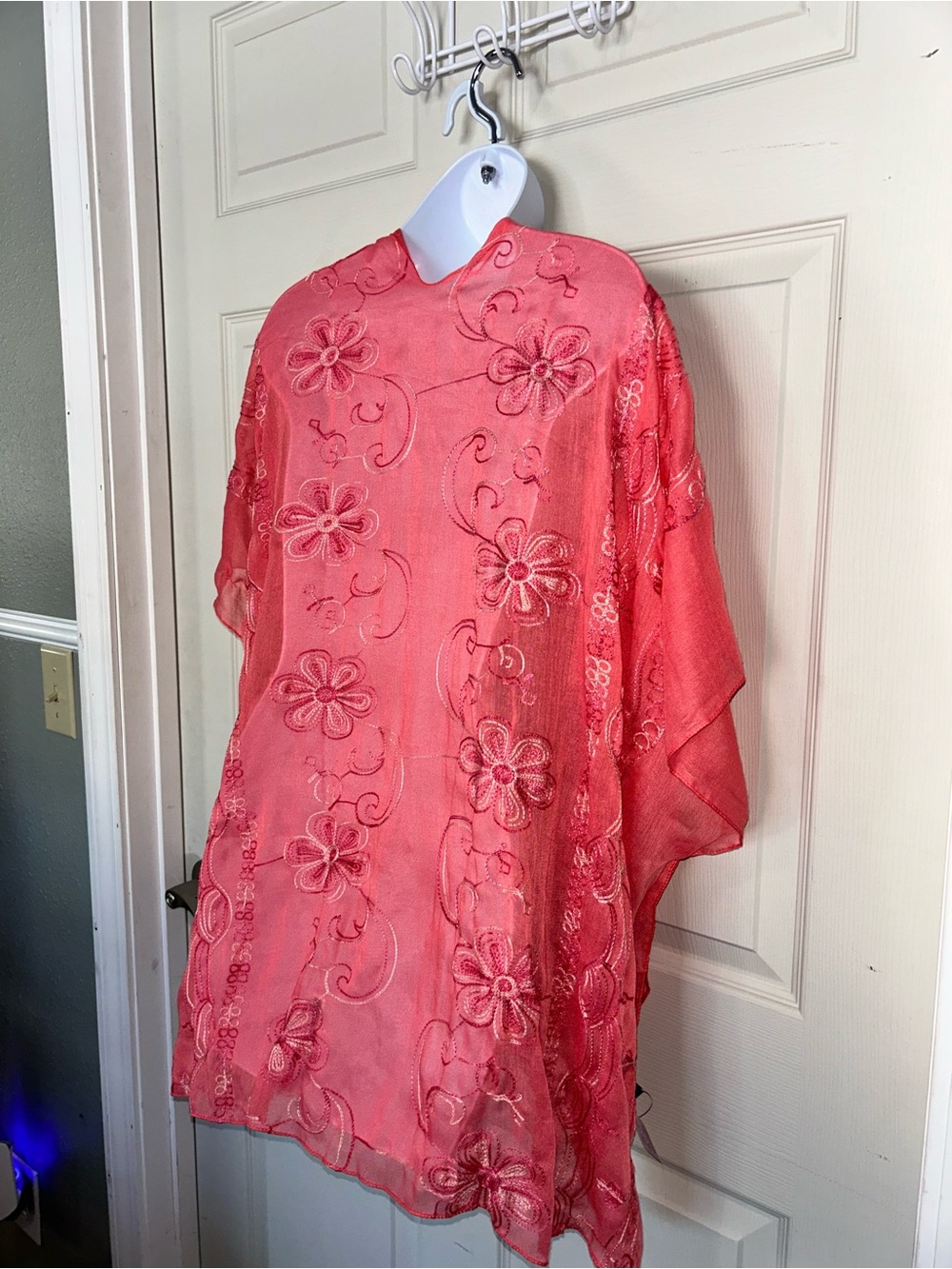 Coral Embroidered Sheer Kaftan Top